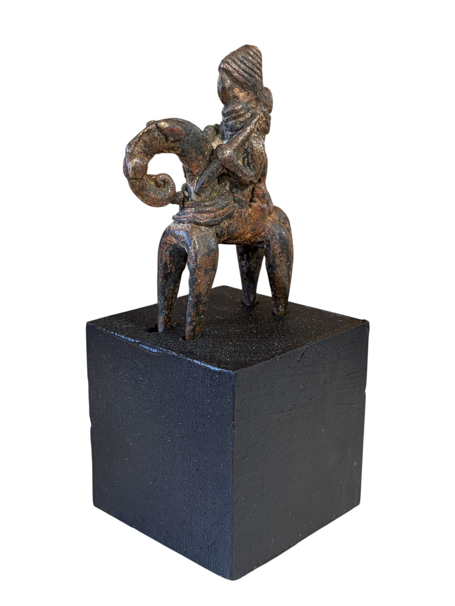 #5347 Vintage  African Dogon Bronze Horseman Gold Weight Mali 4.75" H On Stand