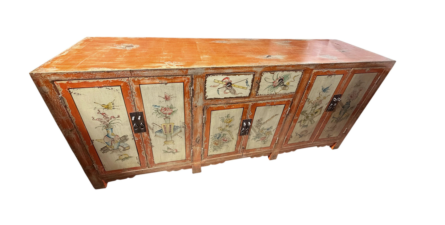#2155 Vintage  Mongolian Hand painted Elm Wood  Cabinet W/ Six Doors