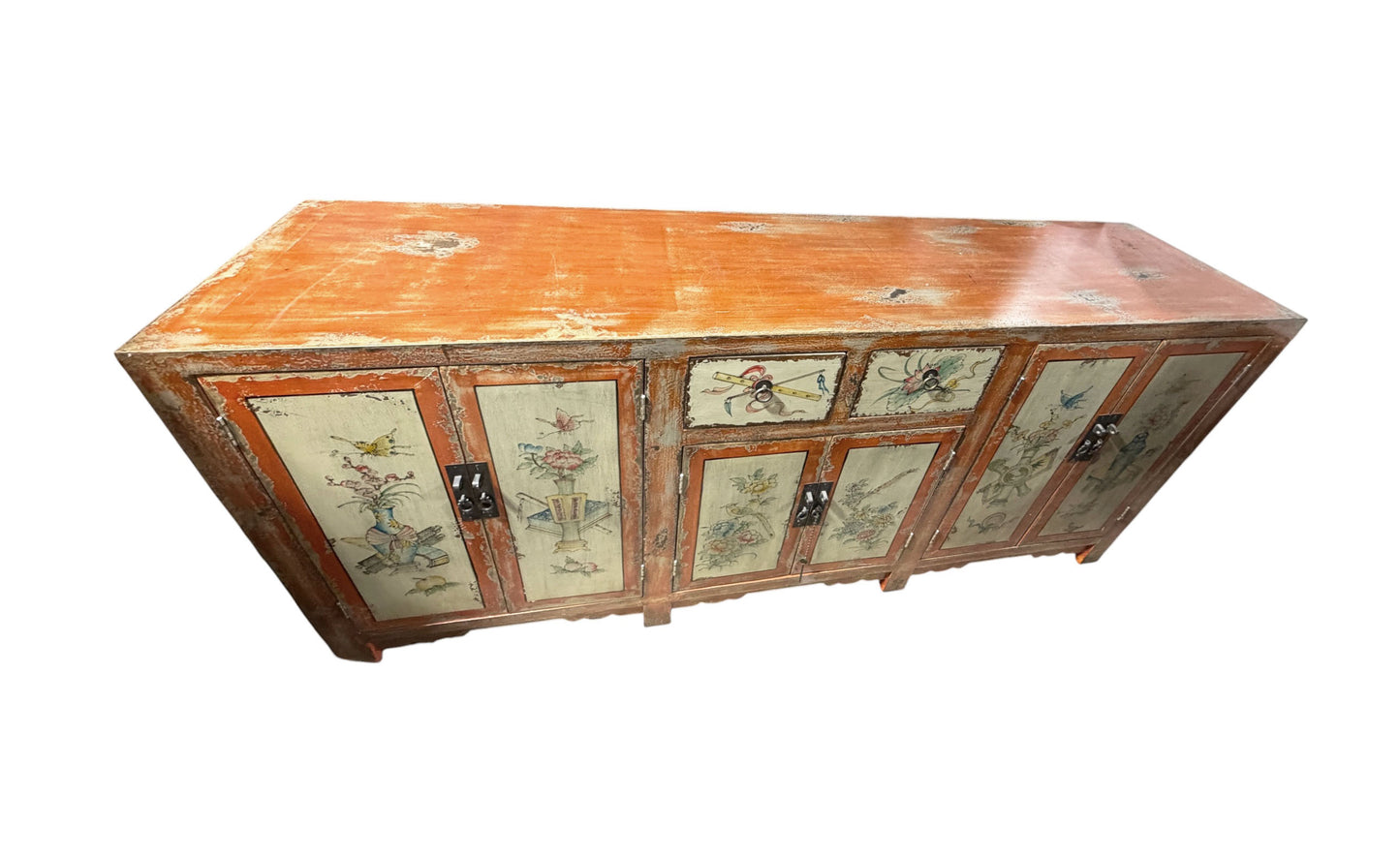 #2155 Vintage  Mongolian Hand painted Elm Wood  Cabinet W/ Six Doors