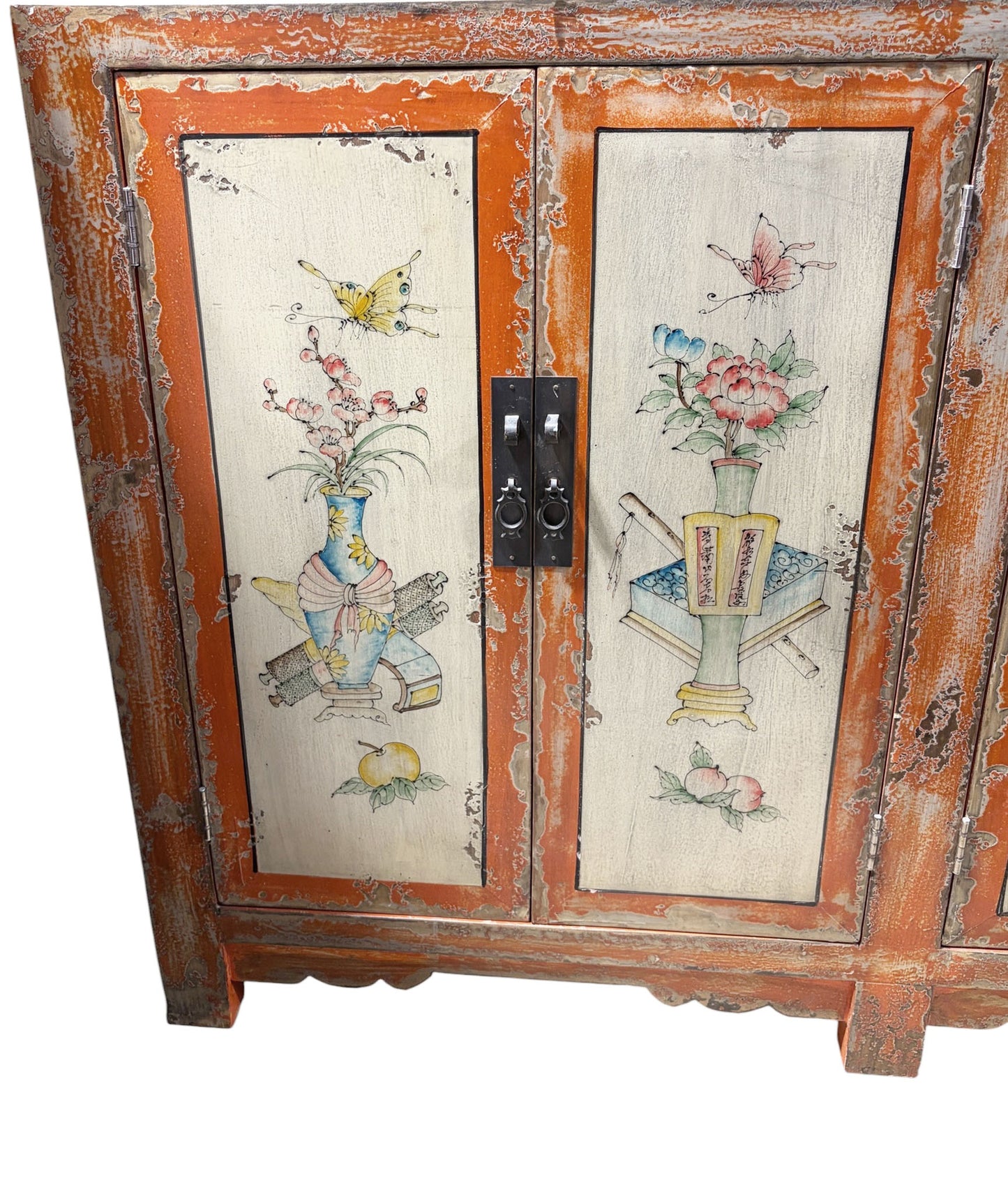 #2155 Vintage  Mongolian Hand painted Elm Wood  Cabinet W/ Six Doors