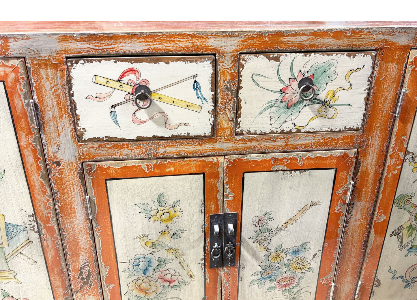 #2155 Vintage  Mongolian Hand painted Elm Wood  Cabinet W/ Six Doors