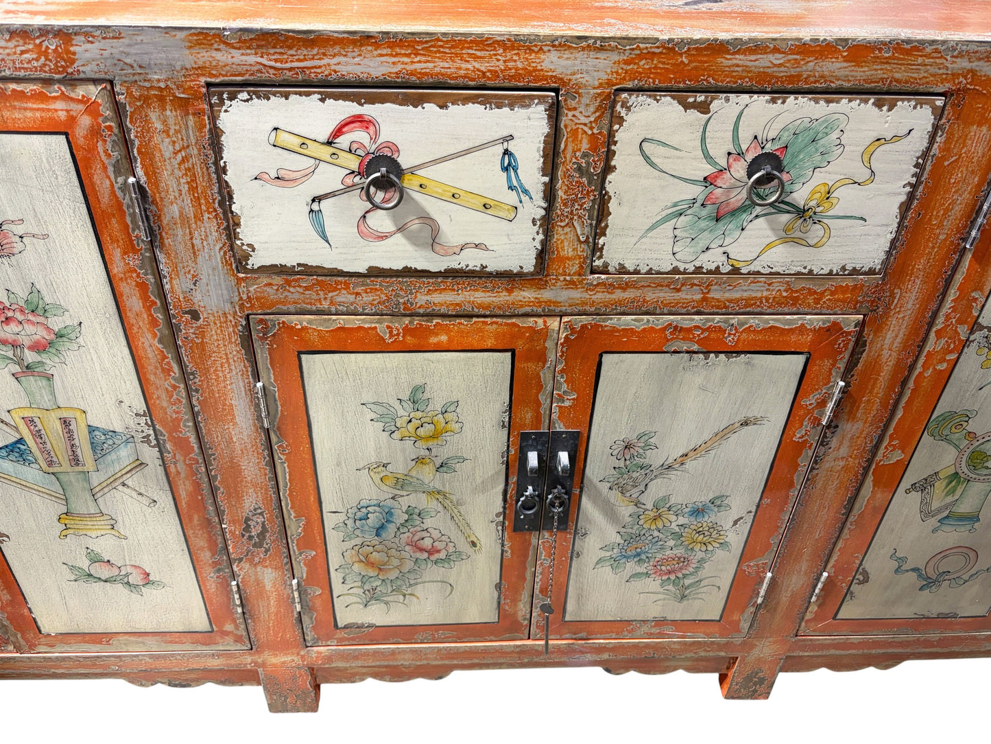 #2155 Vintage  Mongolian Hand painted Elm Wood  Cabinet W/ Six Doors