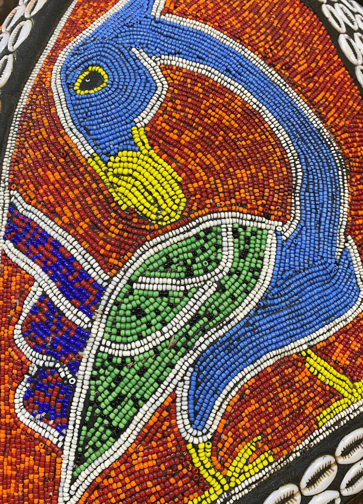 #6835  Large African  Beaded Ghana Bakota Hand Carved  Mask Wall Art 30.5" H