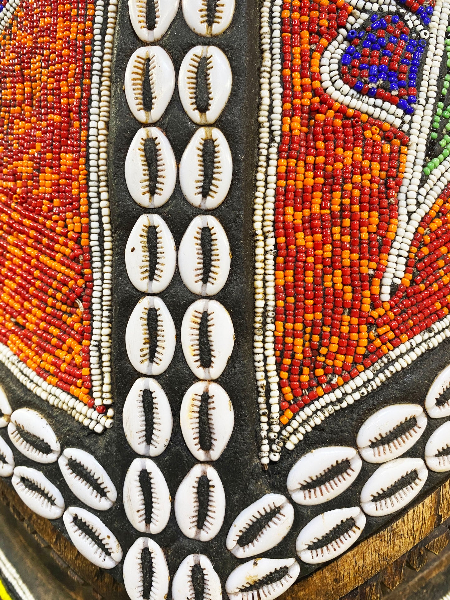 #6835  Large African  Beaded Ghana Bakota Hand Carved  Mask Wall Art 30.5" H