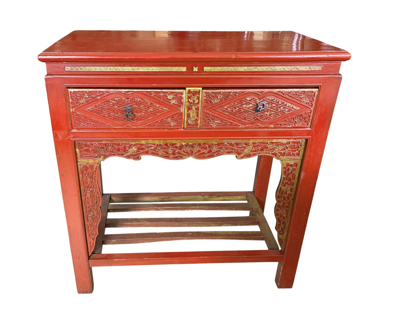 #217 Vintage Chinoiserie Red Lacquer Console Table 33.5" W