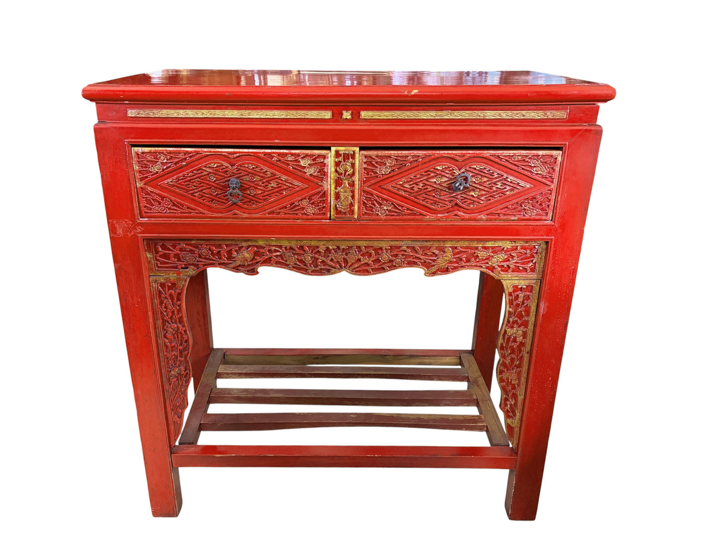 #217 Vintage Chinoiserie Red Lacquer Console Table 33.5" W