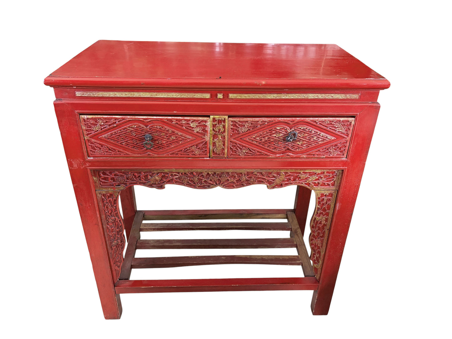 #217 Vintage Chinoiserie Red Lacquer Console Table 33.5" W