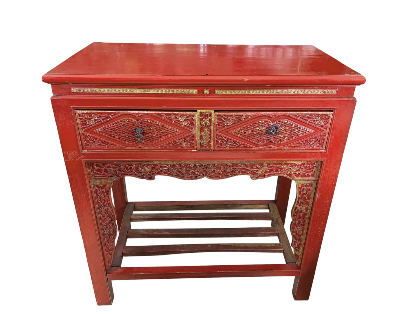 #217 Vintage Chinoiserie Red Lacquer Console Table 33.5" W
