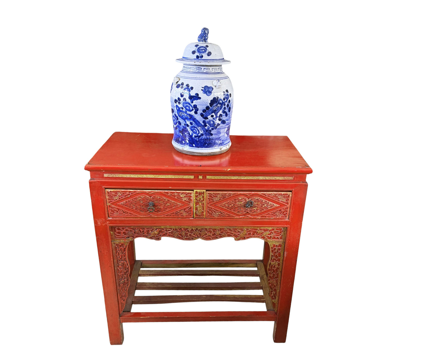 #217 Vintage Chinoiserie Red Lacquer Console Table 33.5" W