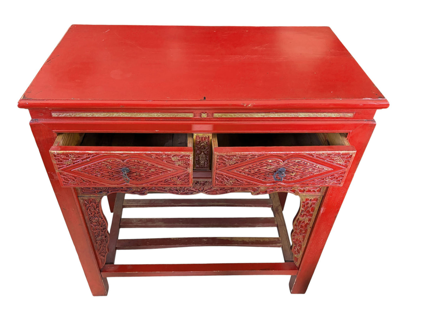 #217 Vintage Chinoiserie Red Lacquer Console Table 33.5" W