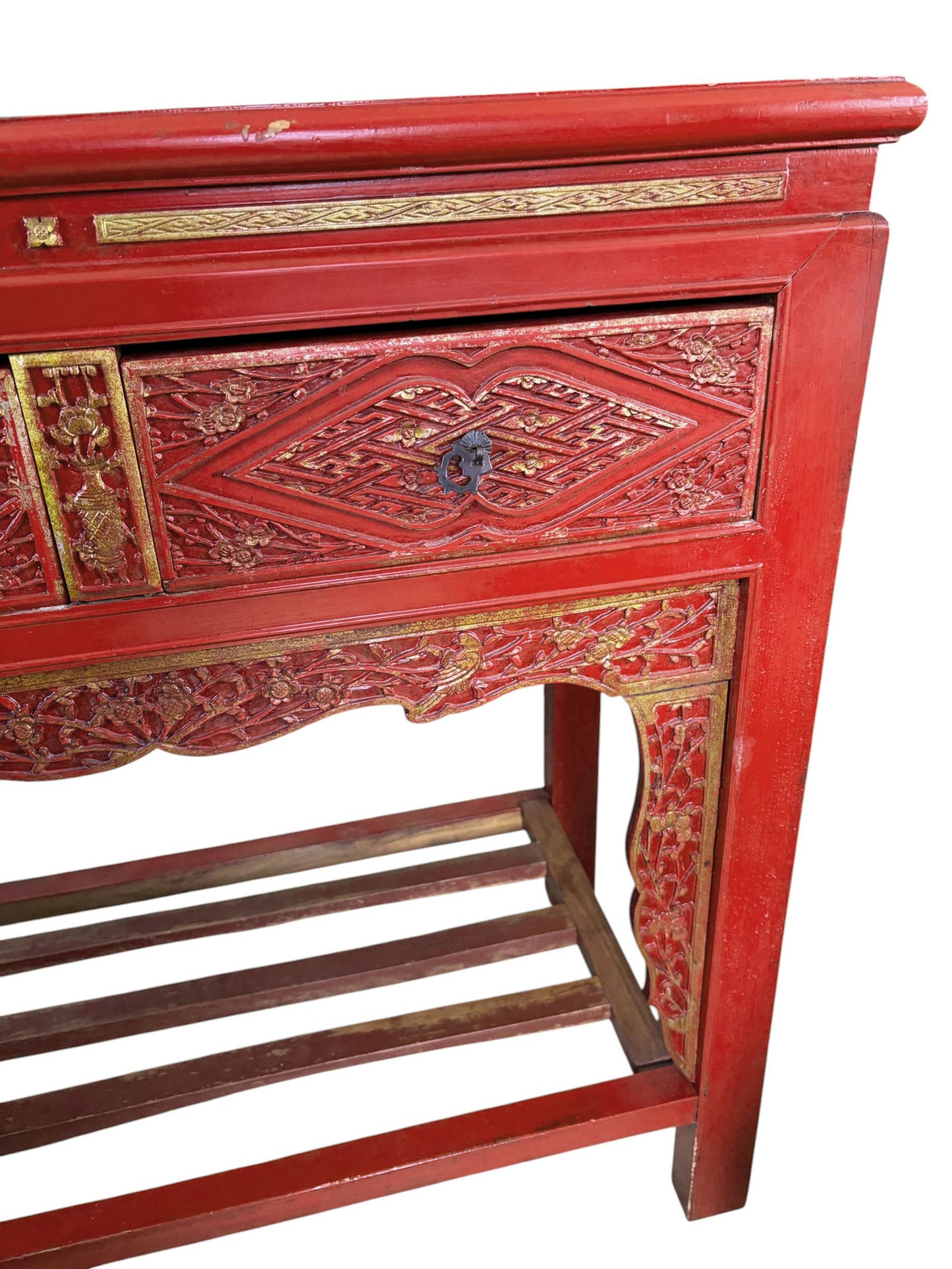 #217 Vintage Chinoiserie Red Lacquer Console Table 33.5" W