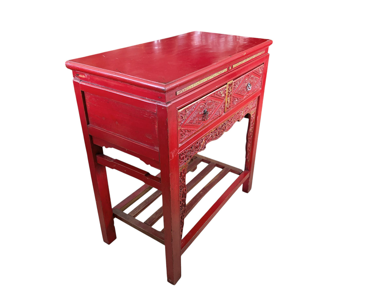 #217 Vintage Chinoiserie Red Lacquer Console Table 33.5" W