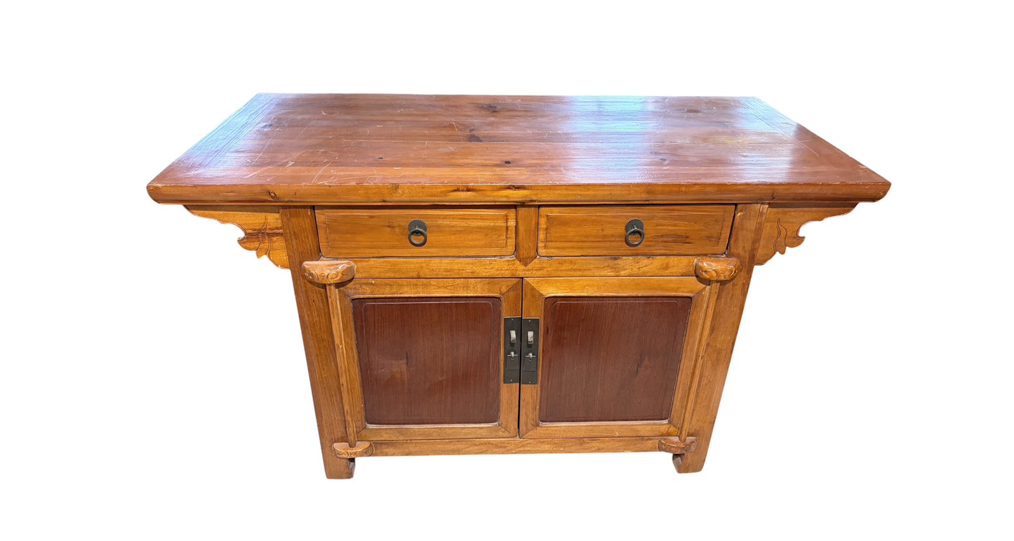 #6077 Vintage  Asian Cantonese Natural  Wood Low Chest 26.25" H