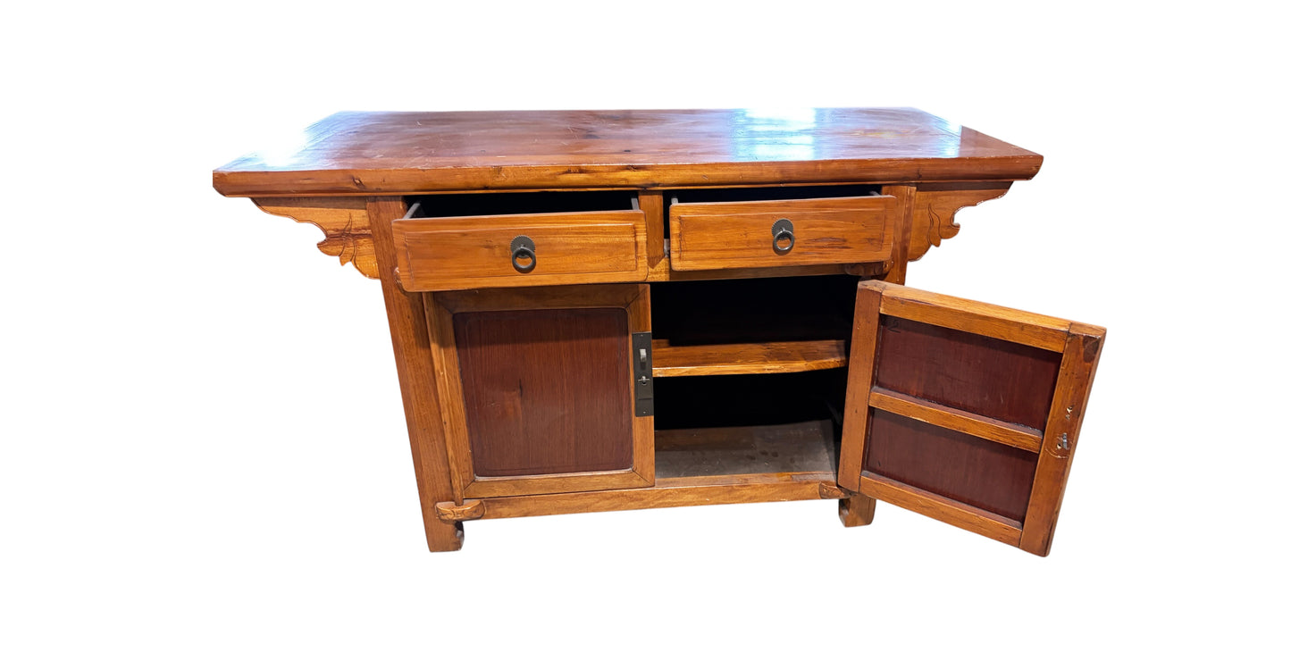 #6077 Vintage  Asian Cantonese Natural  Wood Low Chest 26.25" H
