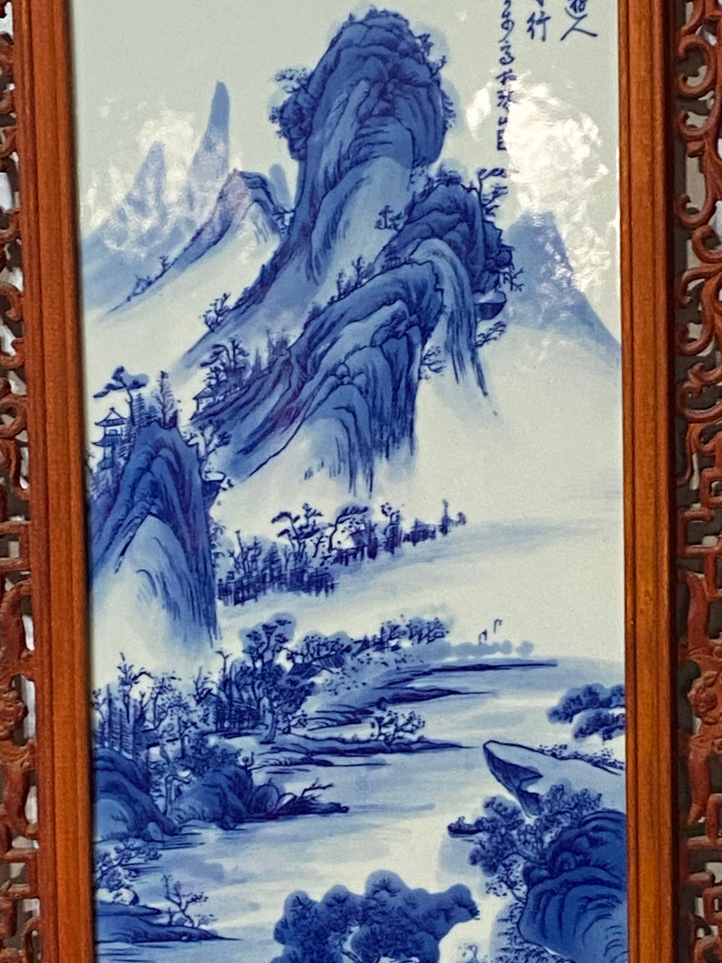 #5538  Superb LG Chinese  Blue and White Porcelain Wood Panel 49" H