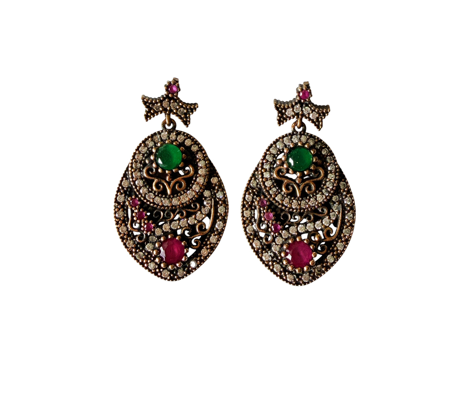 #140 Vintage Simulated Ruby, Emerald,& Diamond Earrings- 925 Sterling Silver