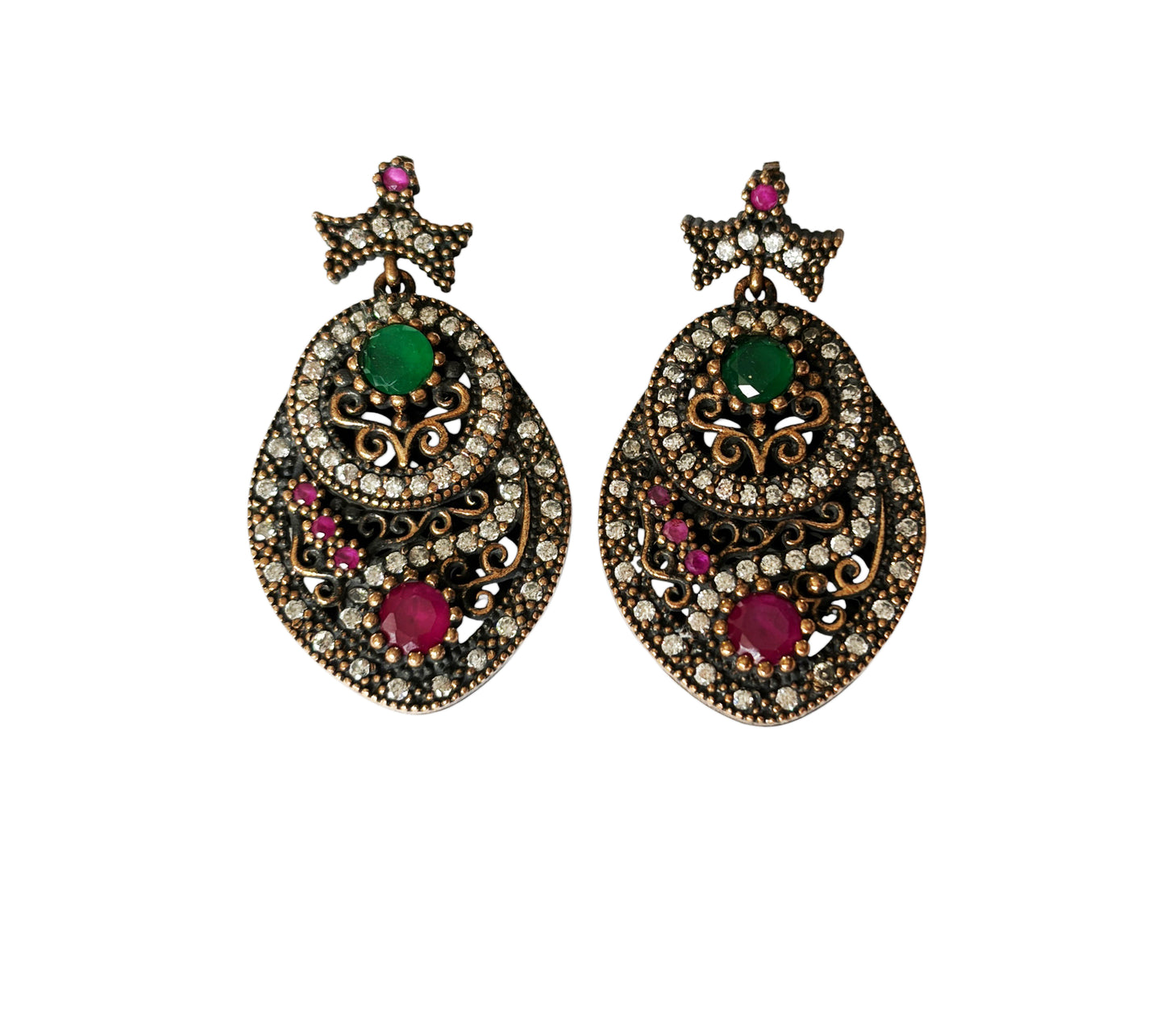 #140 Vintage Simulated Ruby, Emerald,& Diamond Earrings- 925 Sterling Silver