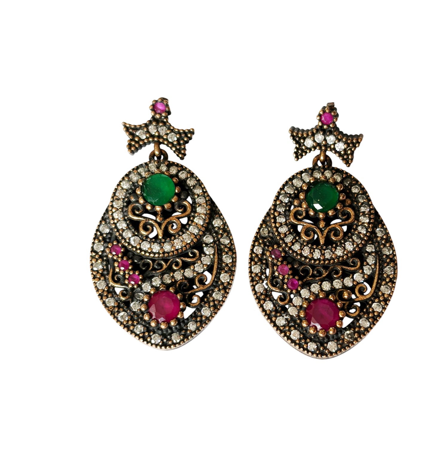 #140 Vintage Simulated Ruby, Emerald,& Diamond Earrings- 925 Sterling Silver
