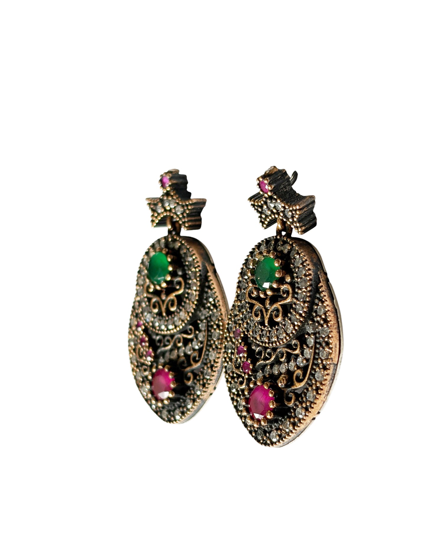 #140 Vintage Simulated Ruby, Emerald,& Diamond Earrings- 925 Sterling Silver