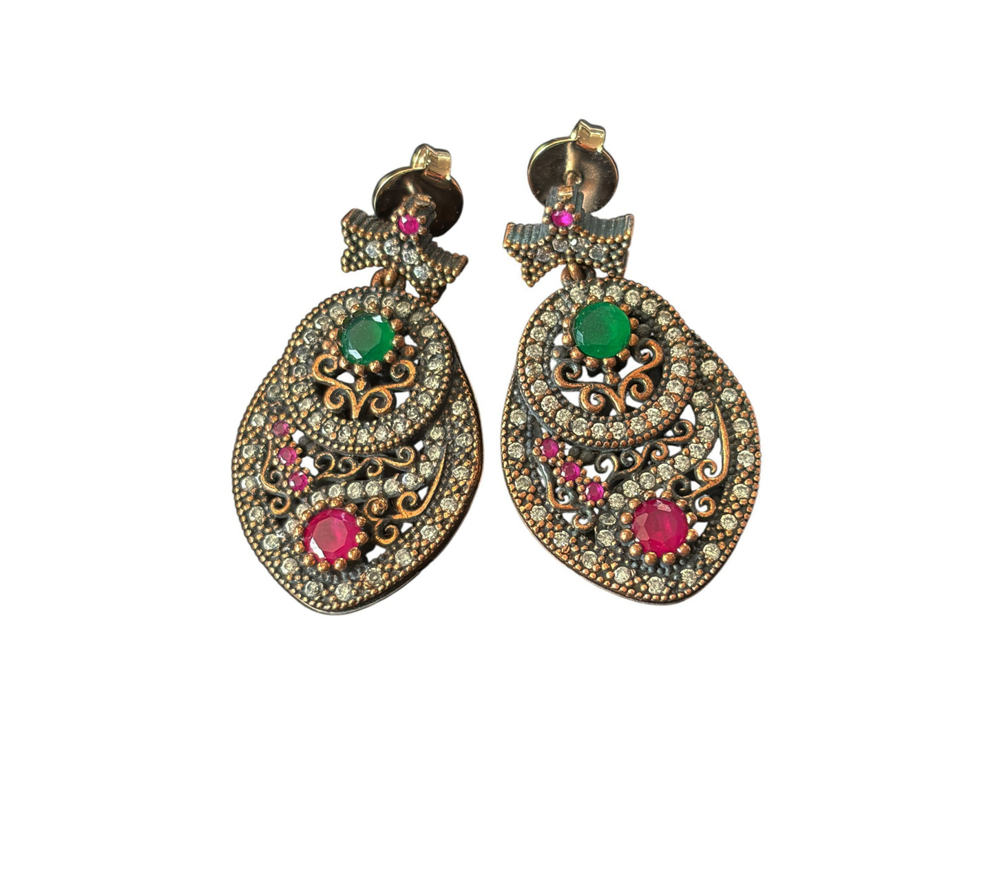 #140 Vintage Simulated Ruby, Emerald,& Diamond Earrings- 925 Sterling Silver