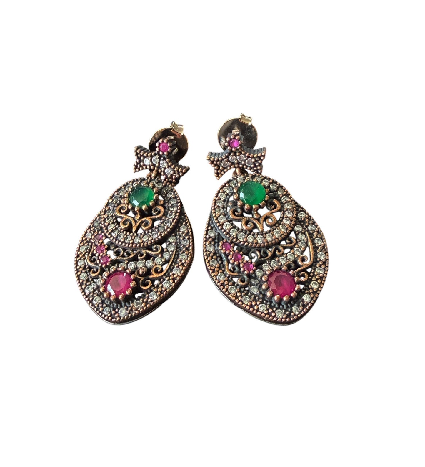 #140 Vintage Simulated Ruby, Emerald,& Diamond Earrings- 925 Sterling Silver