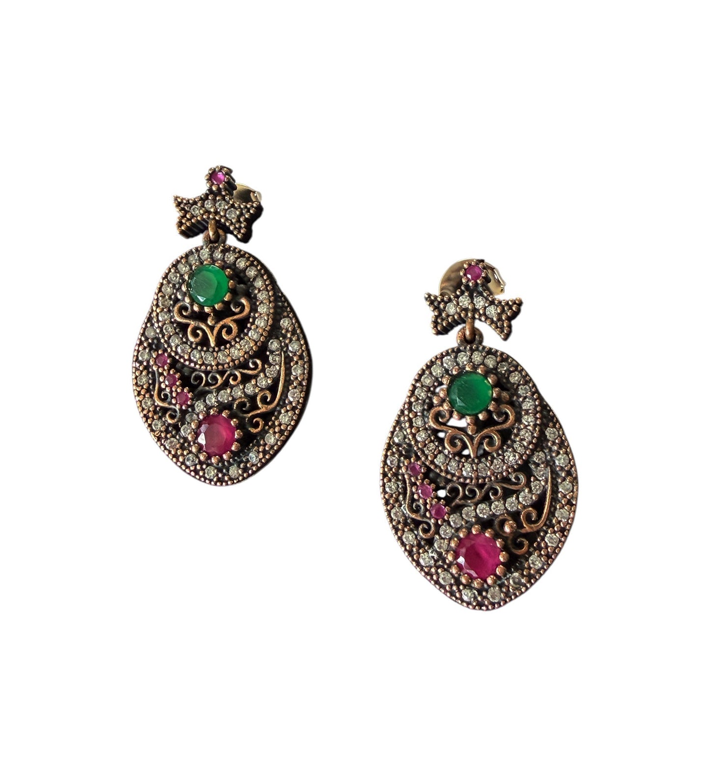 #140 Vintage Simulated Ruby, Emerald,& Diamond Earrings- 925 Sterling Silver