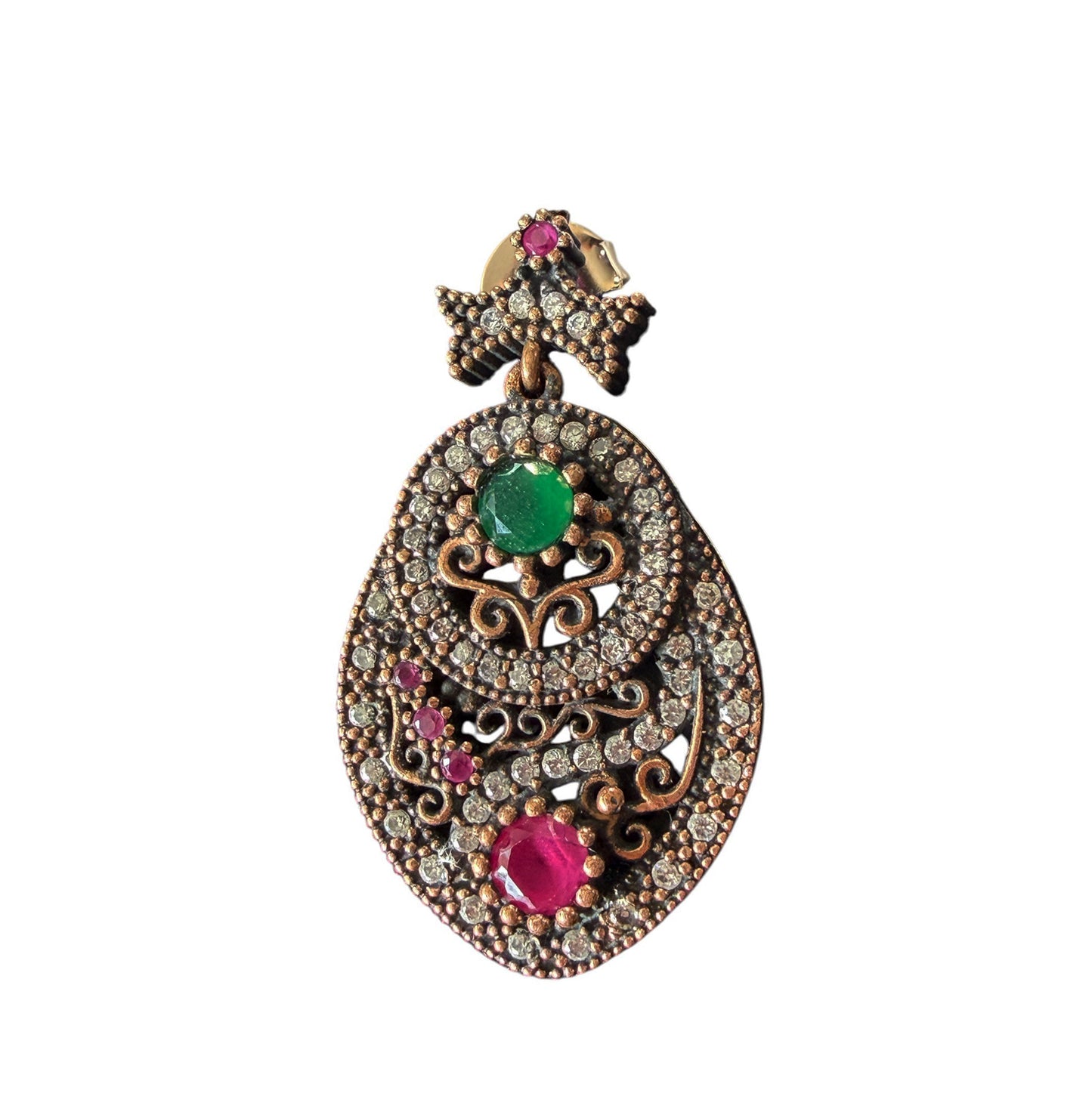 #140 Vintage Simulated Ruby, Emerald,& Diamond Earrings- 925 Sterling Silver