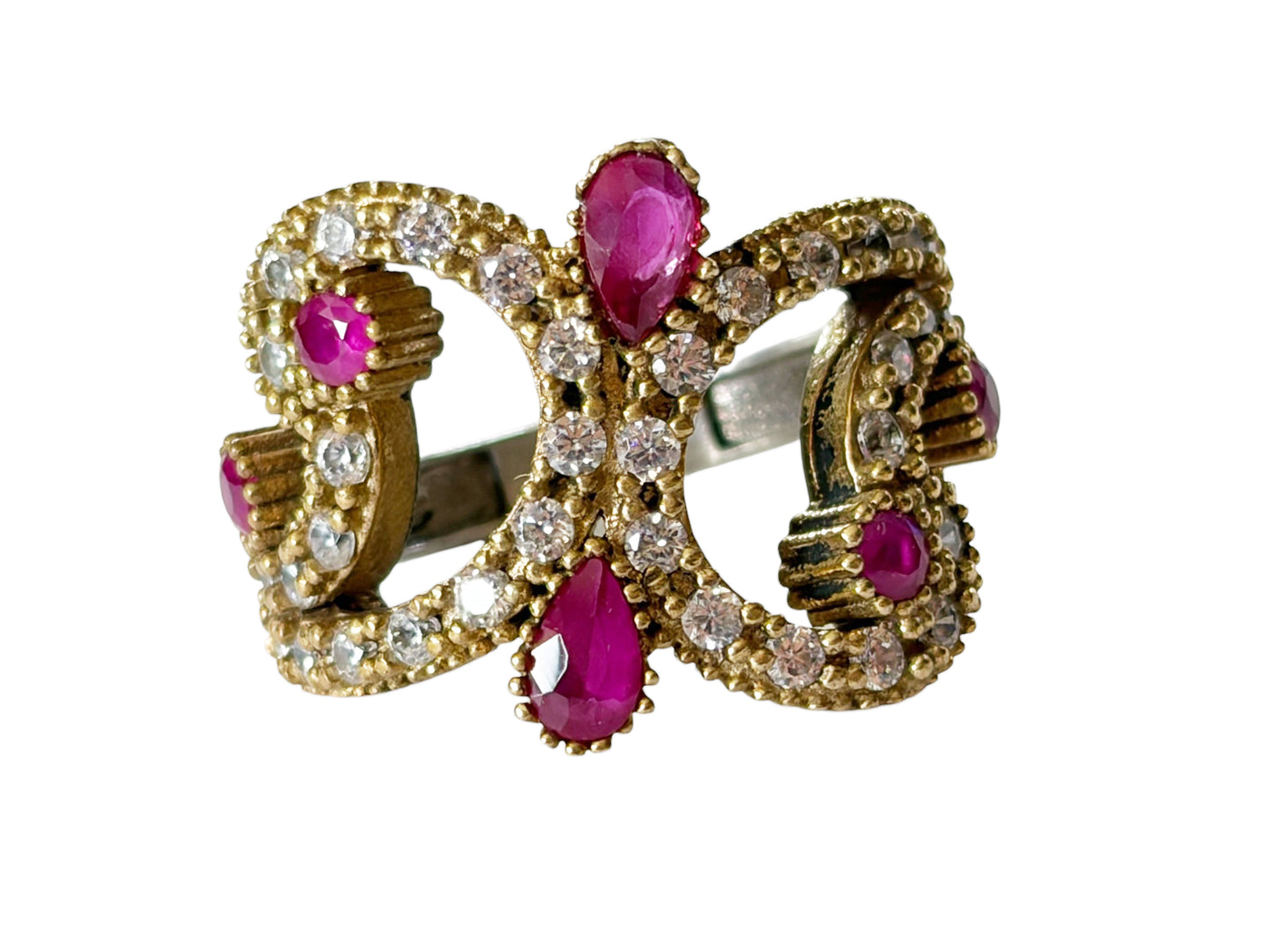 #141 Vintage sterling Silver Ring W/Simulated Ruby and Diamond Size 4