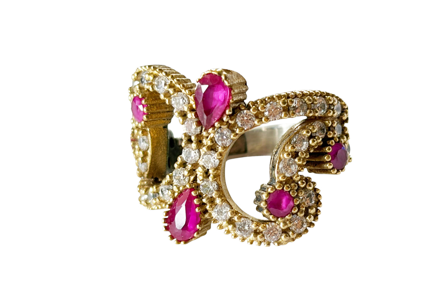 #141 Vintage sterling Silver Ring W/Simulated Ruby and Diamond Size 4