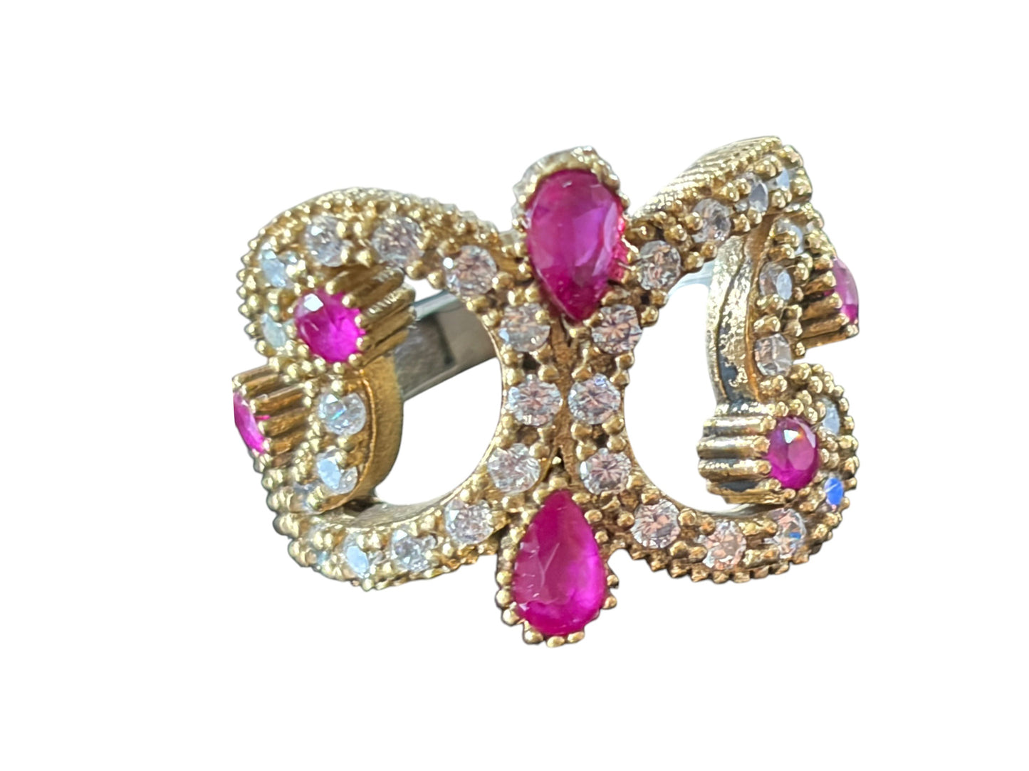 #141 Vintage sterling Silver Ring W/Simulated Ruby and Diamond Size 4