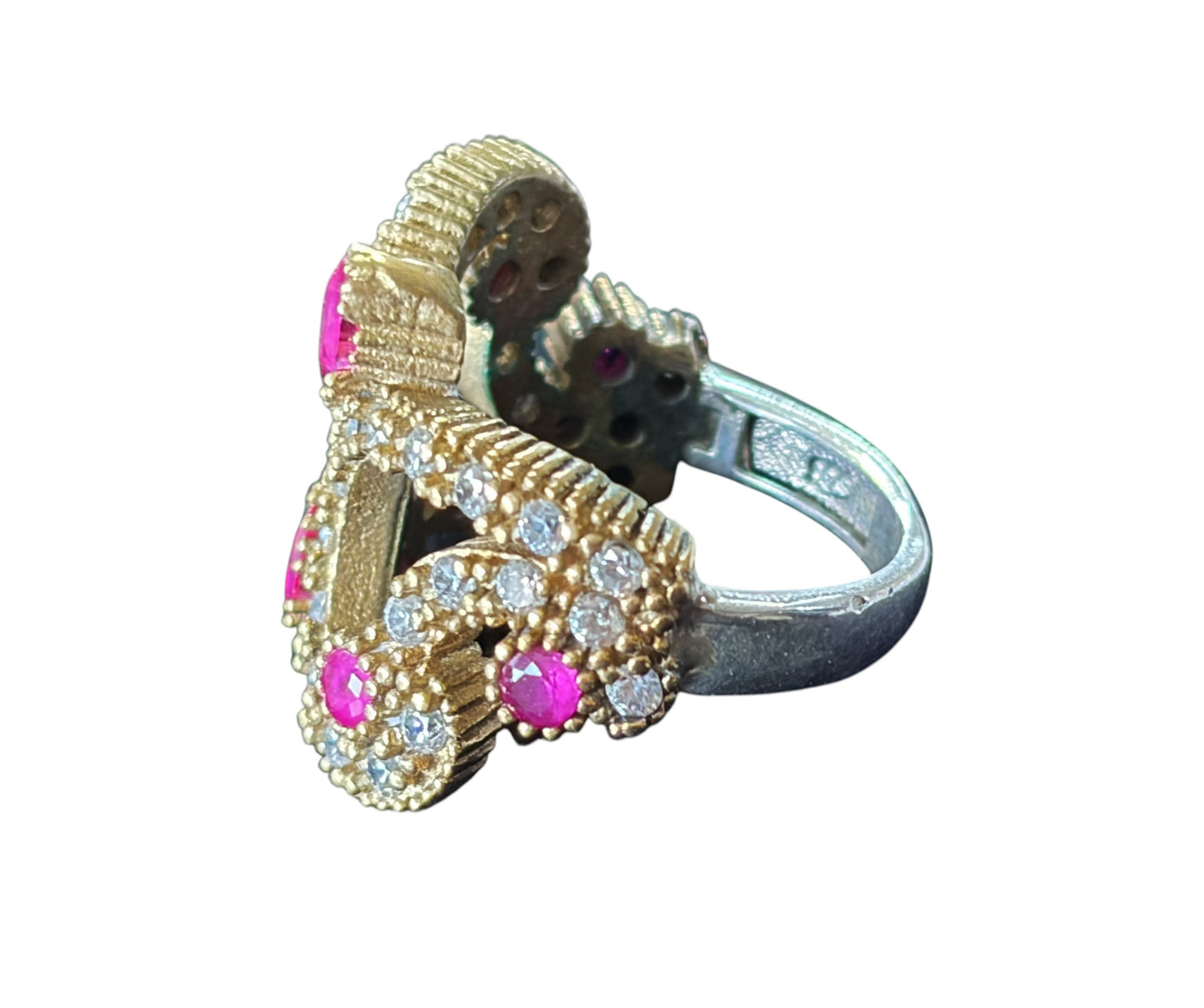 #141 Vintage sterling Silver Ring W/Simulated Ruby and Diamond Size 4