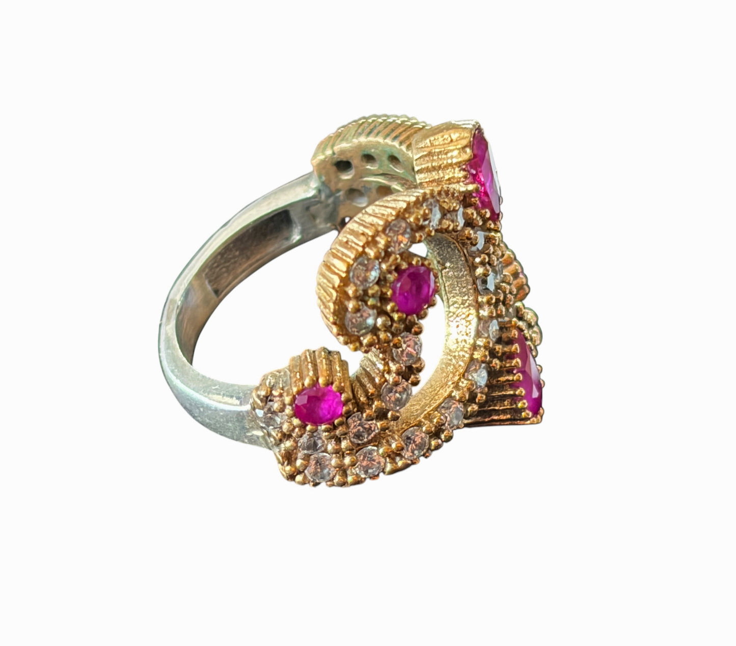 #141 Vintage sterling Silver Ring W/Simulated Ruby and Diamond Size 4