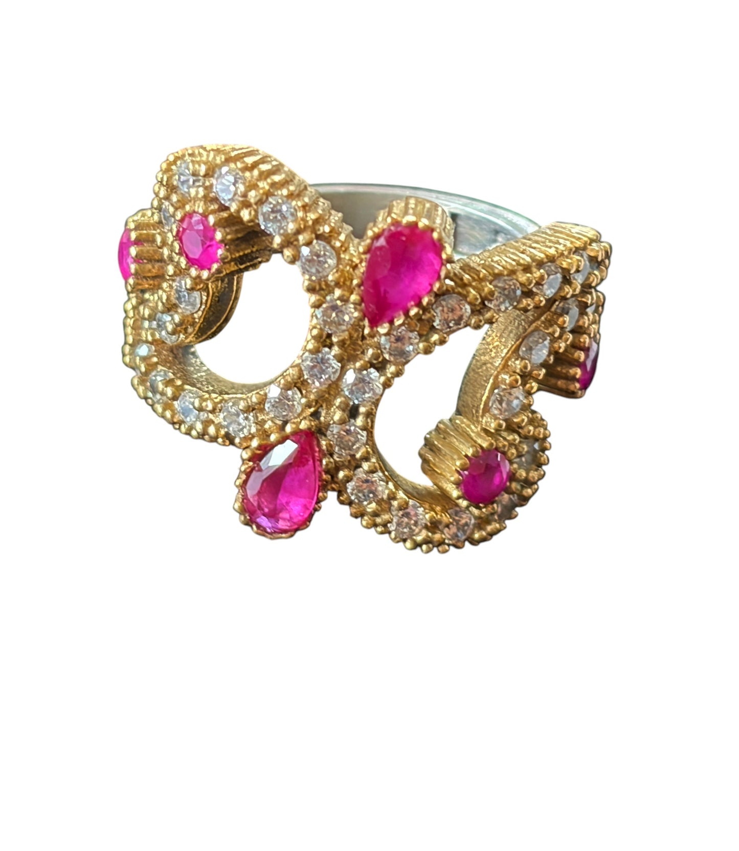 #141 Vintage sterling Silver Ring W/Simulated Ruby and Diamond Size 4