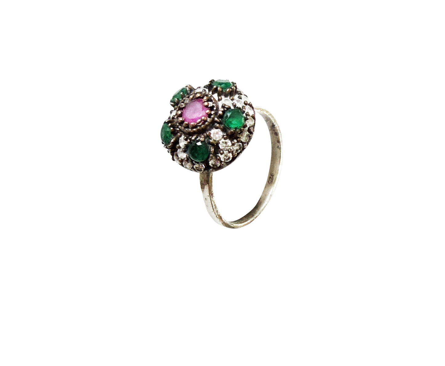#143 Vintage Simulated Ruby, Emerald& Diamond Ring - 925 Sterling Silver Size 7