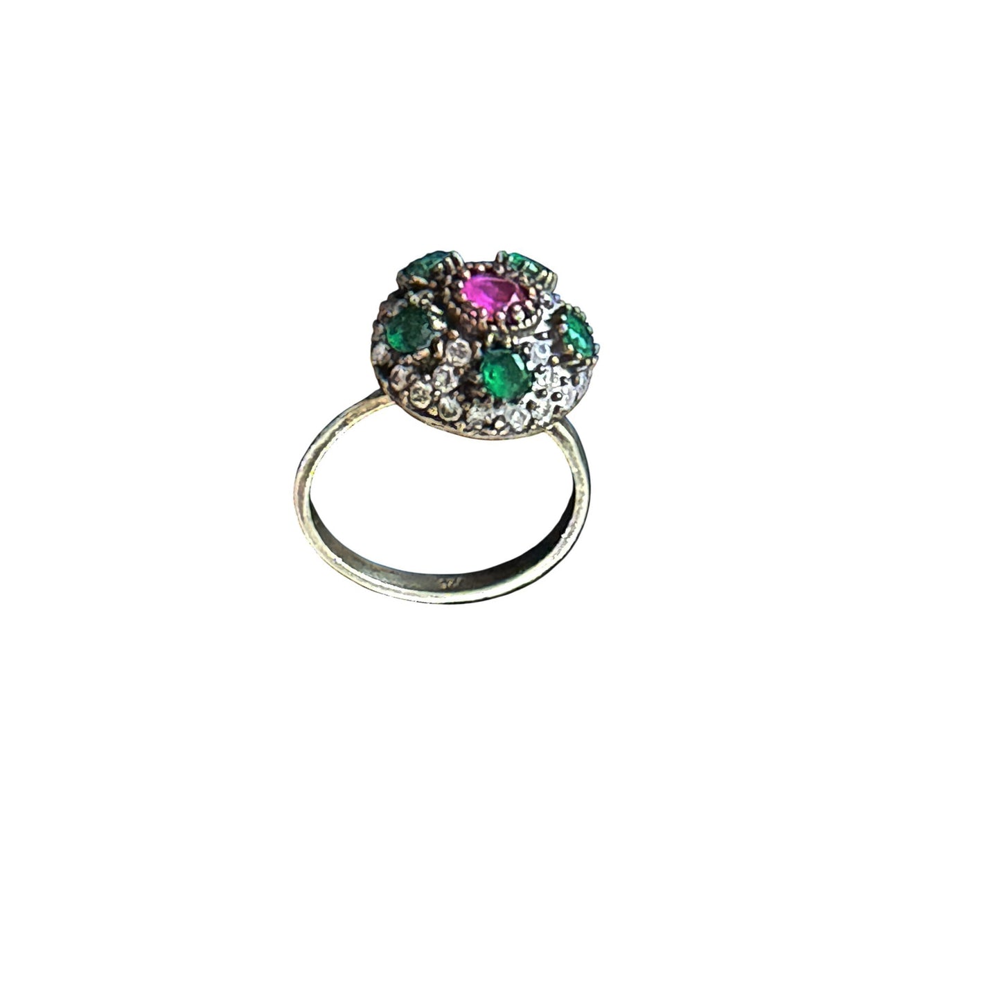 #143 Vintage Simulated Ruby, Emerald& Diamond Ring - 925 Sterling Silver Size 7