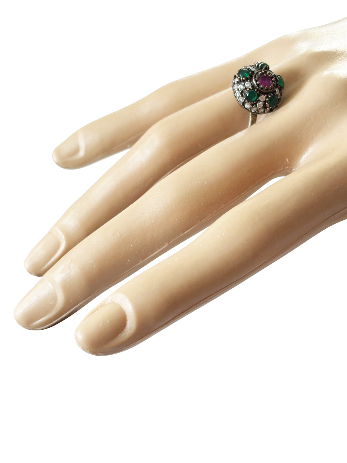 #143 Vintage Simulated Ruby, Emerald& Diamond Ring - 925 Sterling Silver Size 7