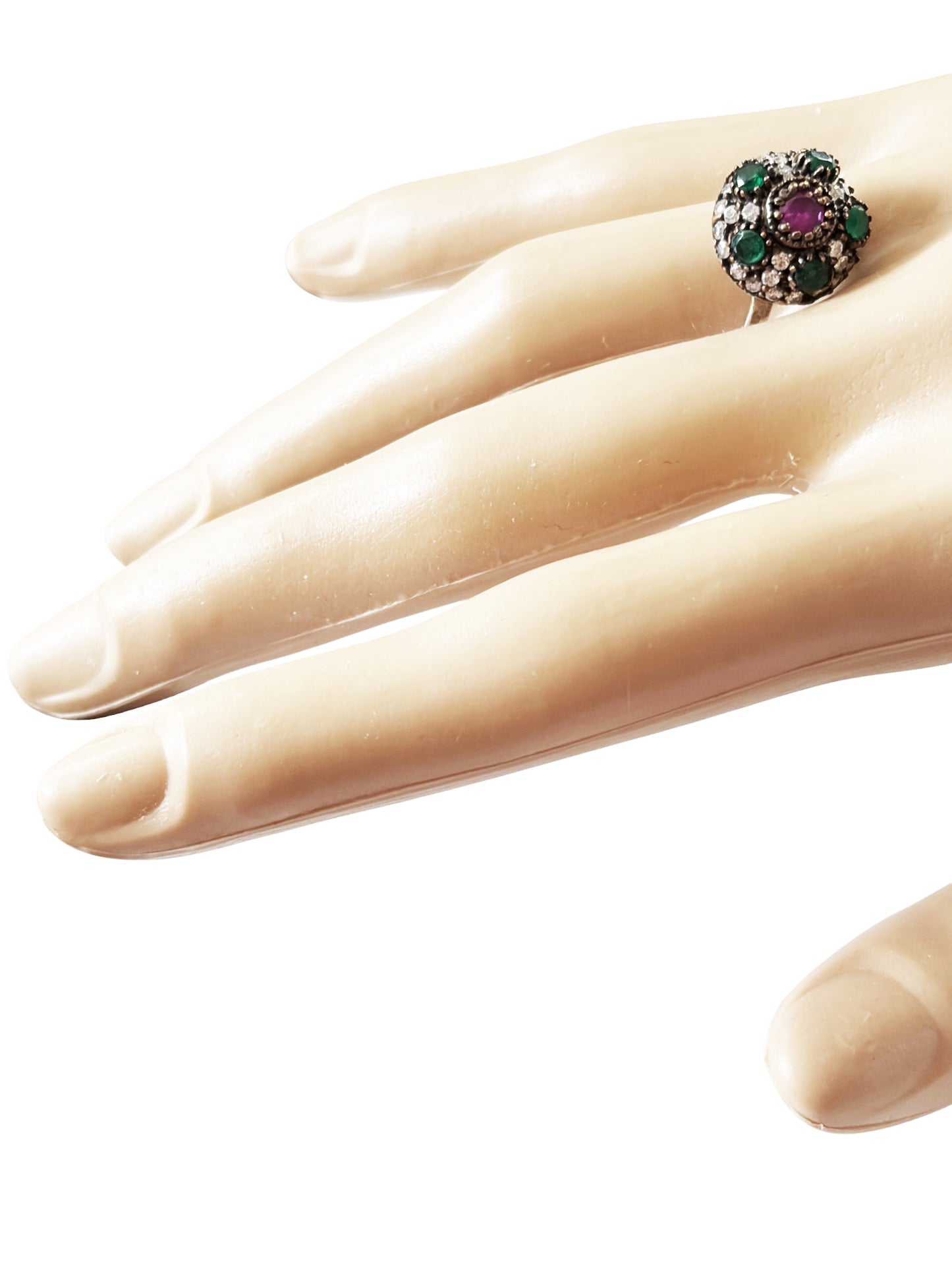 #143 Vintage Simulated Ruby, Emerald& Diamond Ring - 925 Sterling Silver Size 7