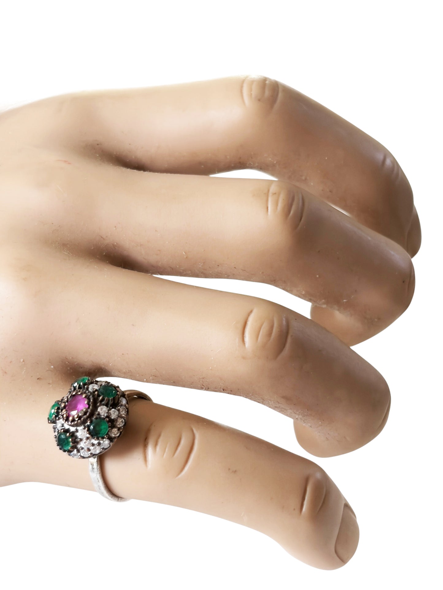 #143 Vintage Simulated Ruby, Emerald& Diamond Ring - 925 Sterling Silver Size 7