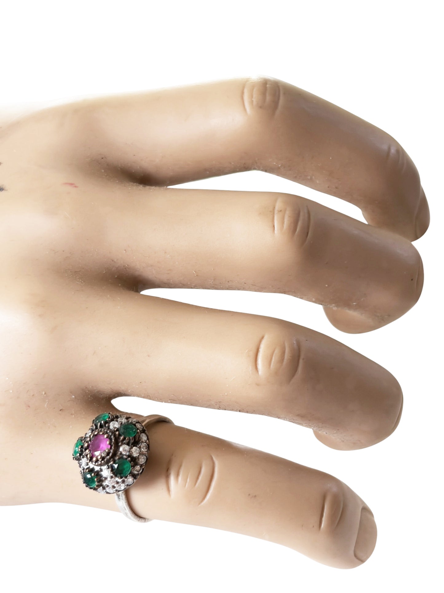 #143 Vintage Simulated Ruby, Emerald& Diamond Ring - 925 Sterling Silver Size 7