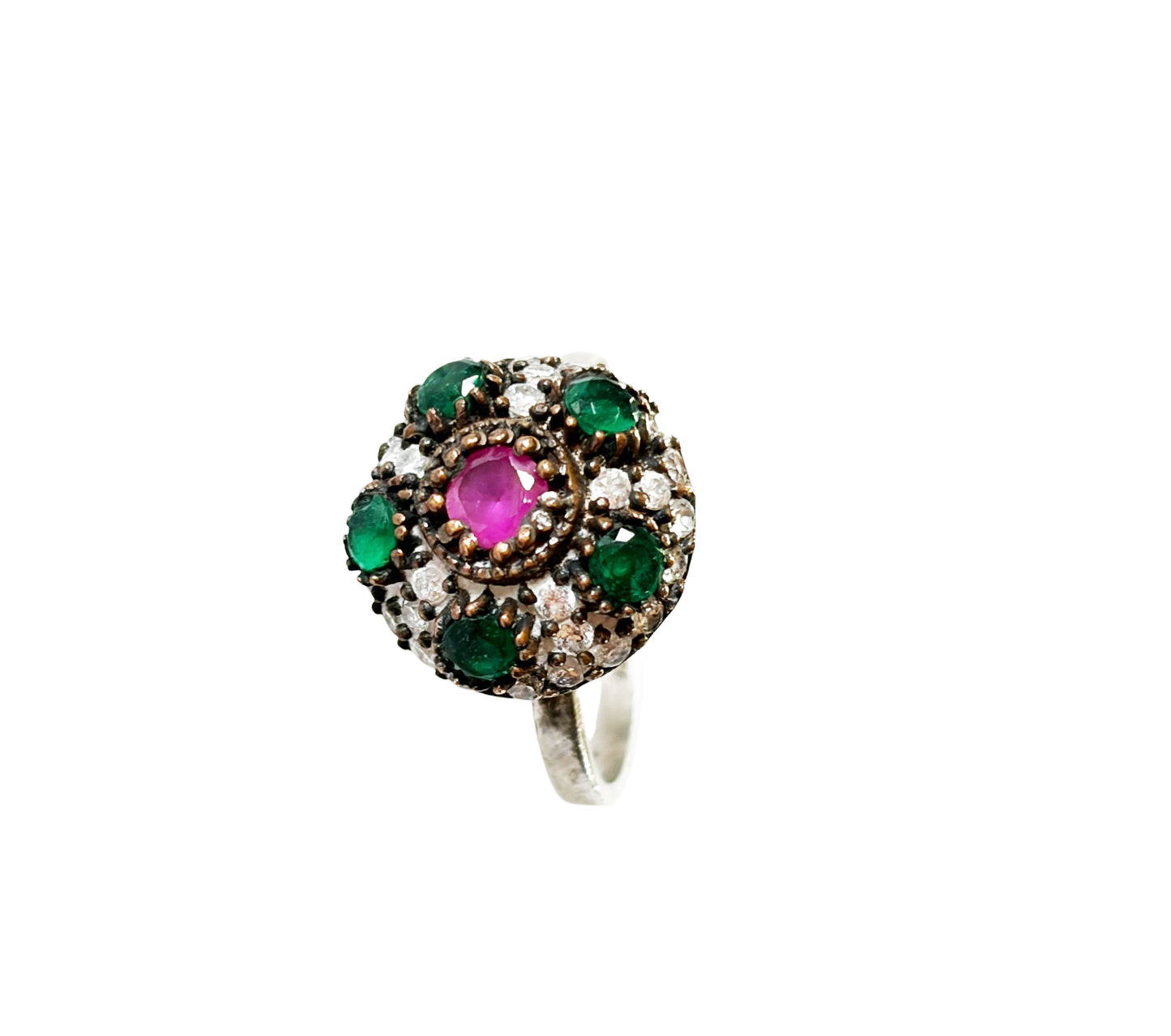 #143 Vintage Simulated Ruby, Emerald& Diamond Ring - 925 Sterling Silver Size 7