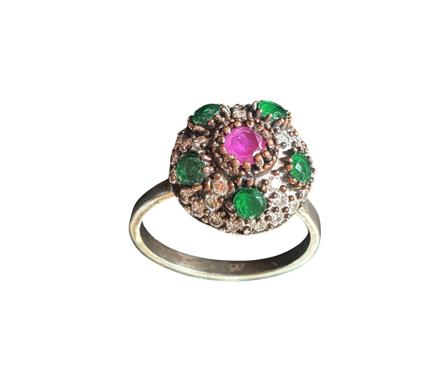 #143 Vintage Simulated Ruby, Emerald& Diamond Ring - 925 Sterling Silver Size 7
