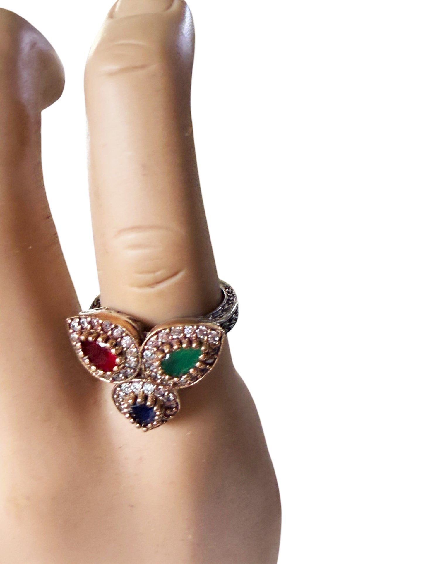 #143 Vintage Simulated Ruby, Emerald, Sapphire & Diamond Ring - 925 Sterling Silver Size 8