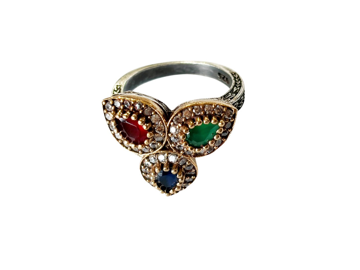 #143 Vintage Simulated Ruby, Emerald, Sapphire & Diamond Ring - 925 Sterling Silver Size 8