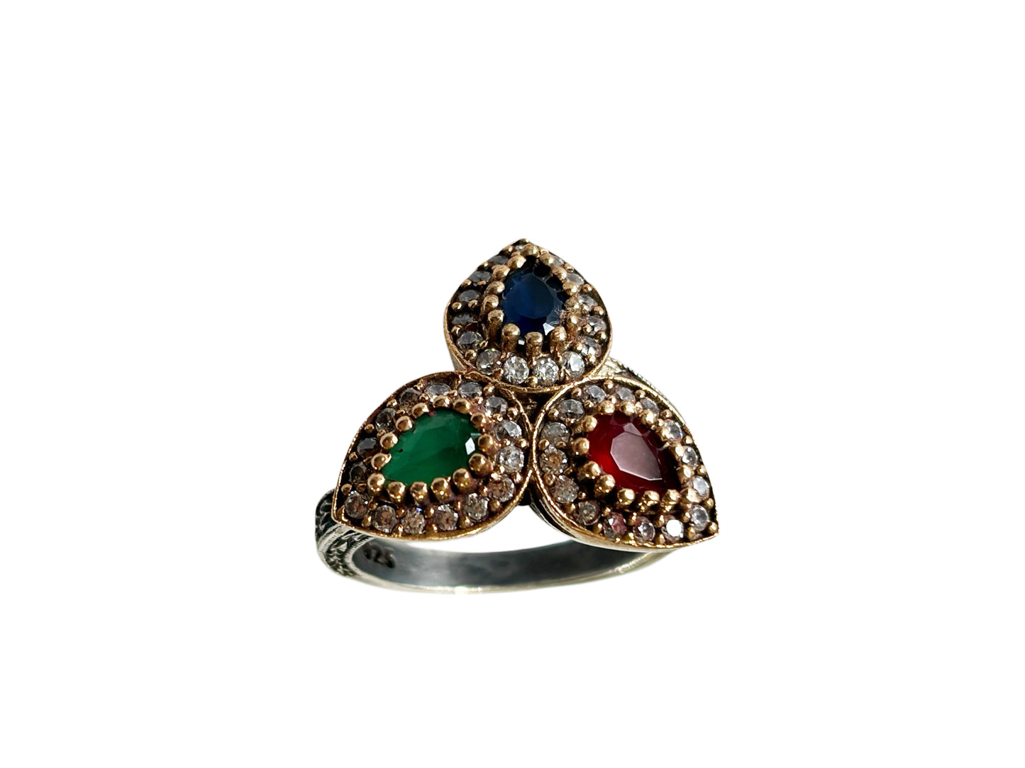 #143 Vintage Simulated Ruby, Emerald, Sapphire & Diamond Ring - 925 Sterling Silver Size 8