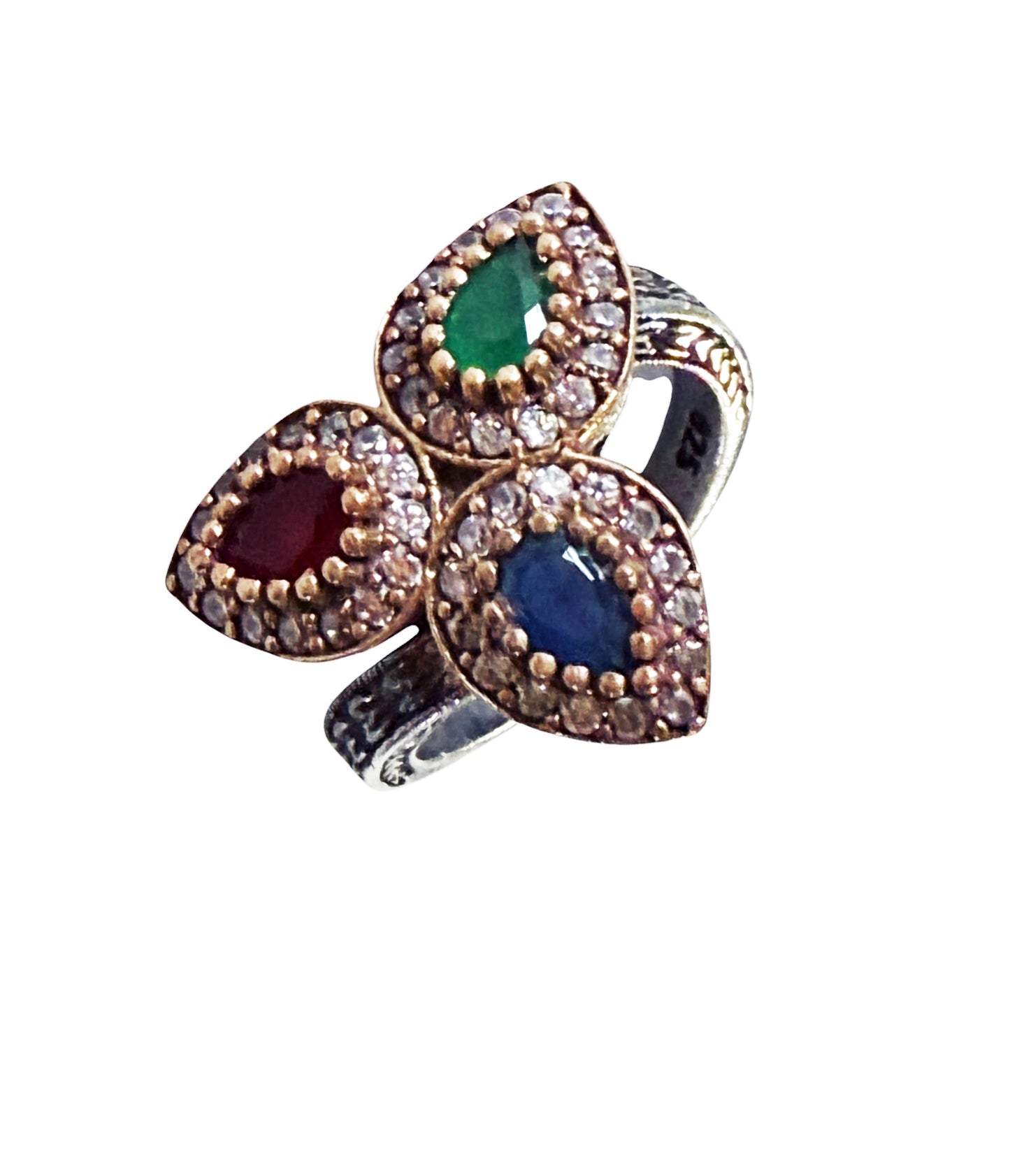 #143 Vintage Simulated Ruby, Emerald, Sapphire & Diamond Ring - 925 Sterling Silver Size 8