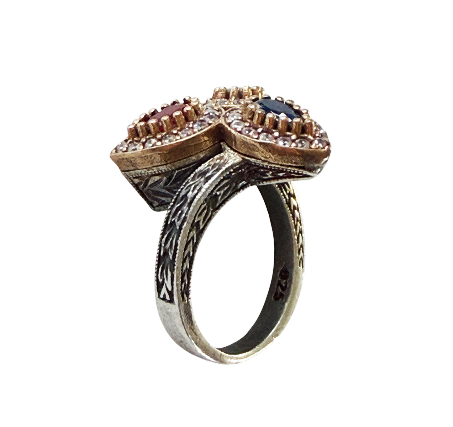 #143 Vintage Simulated Ruby, Emerald, Sapphire & Diamond Ring - 925 Sterling Silver Size 8