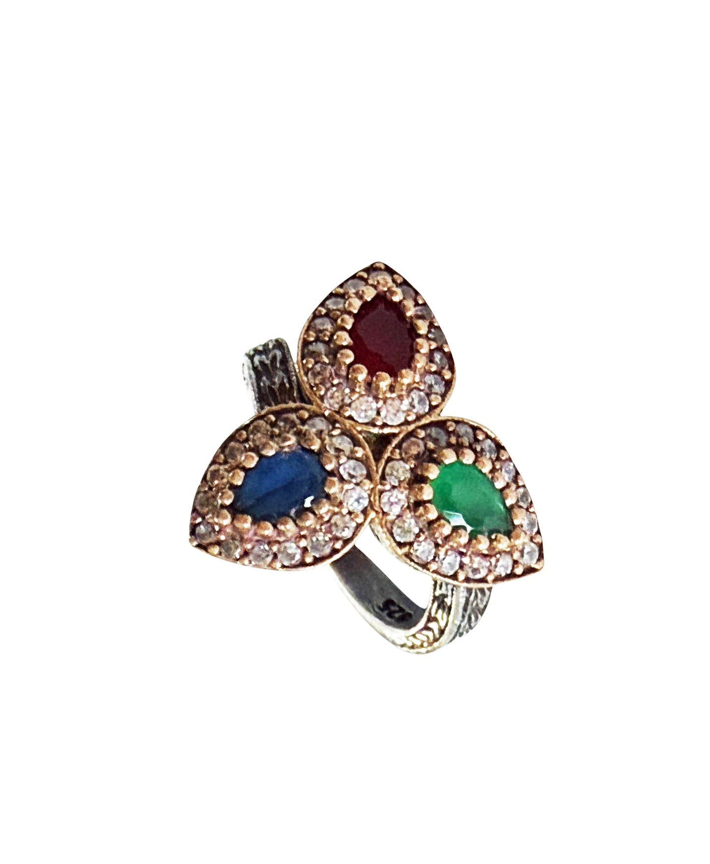 #143 Vintage Simulated Ruby, Emerald, Sapphire & Diamond Ring - 925 Sterling Silver Size 8