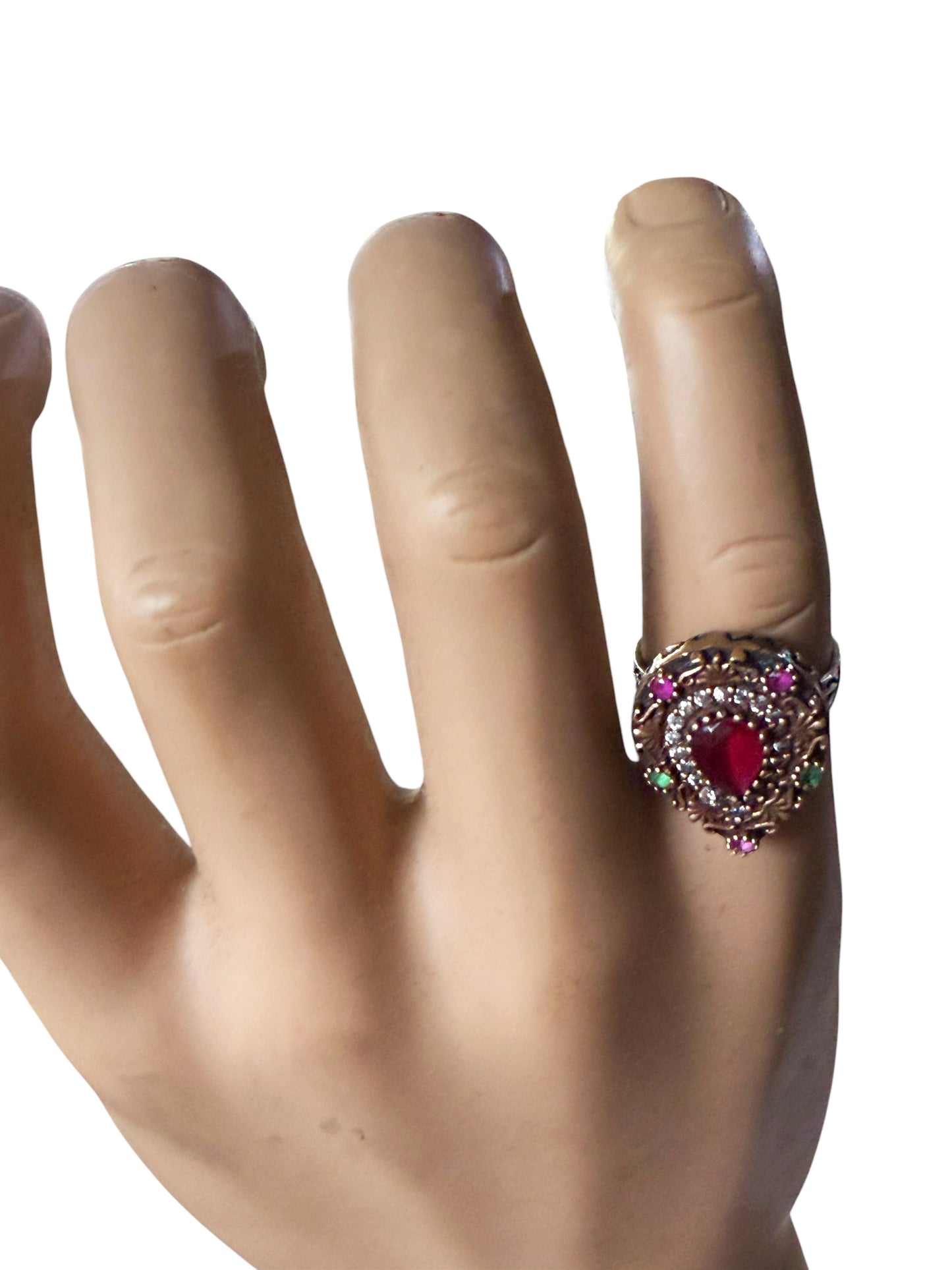 #144 Vintage Simulated Ruby, Emerald and Diamond Ring - 925 Sterling Silver Size 7