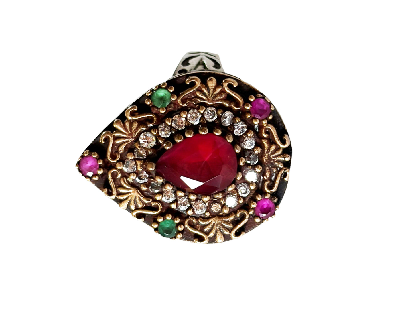 #144 Vintage Simulated Ruby, Emerald and Diamond Ring - 925 Sterling Silver Size 7