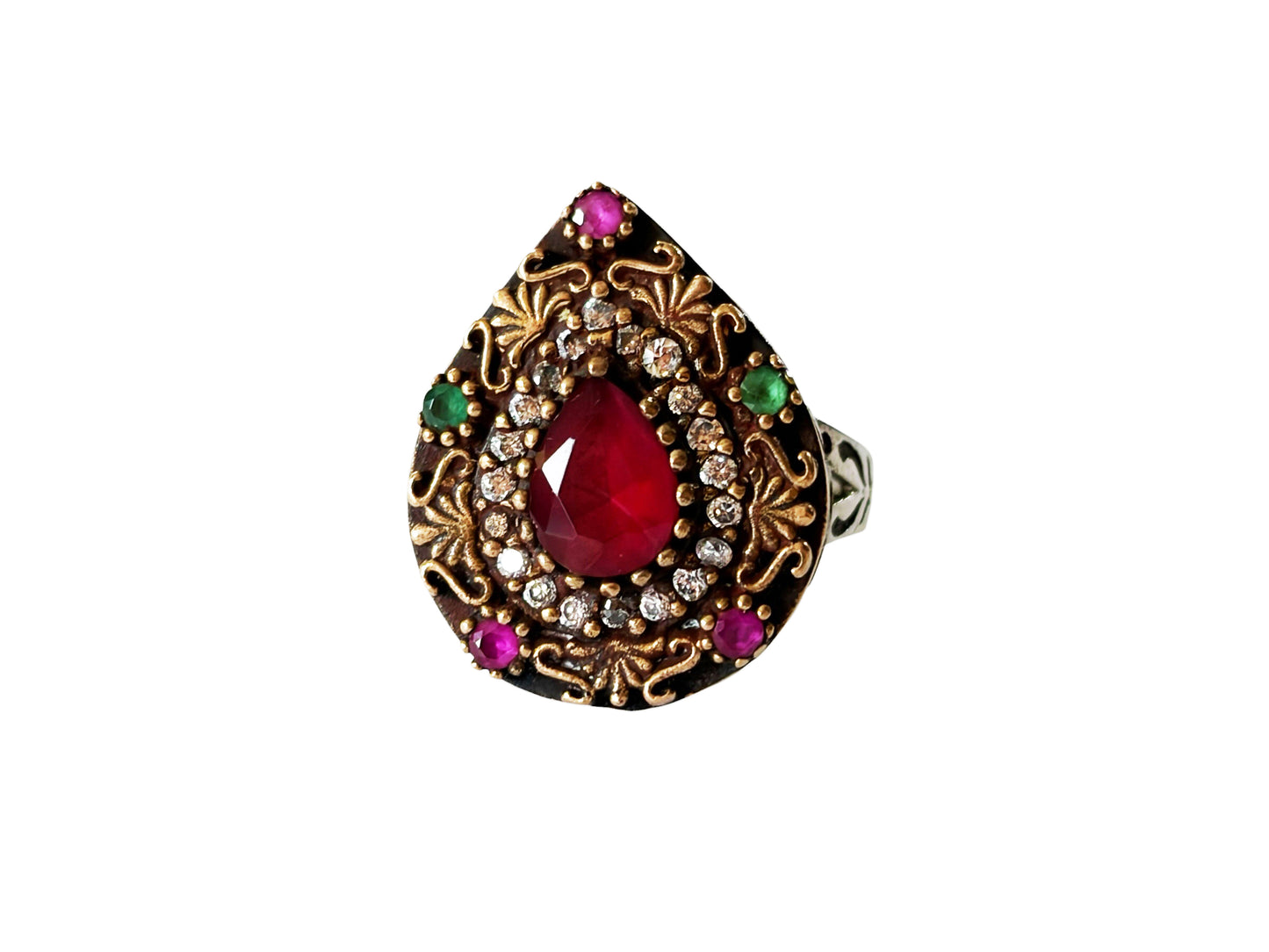 #144 Vintage Simulated Ruby, Emerald and Diamond Ring - 925 Sterling Silver Size 7